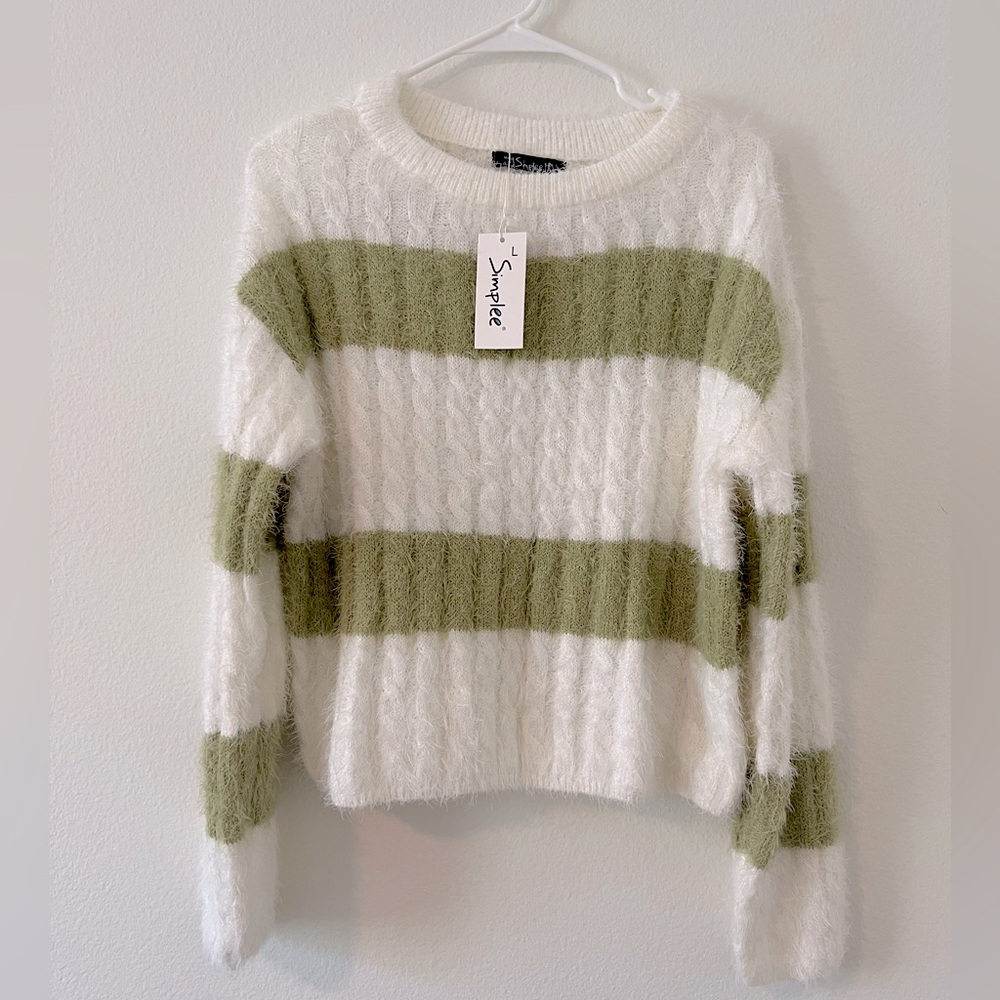 Simplee Apparel Women's Fuzzy Striped Sweater - White and Green